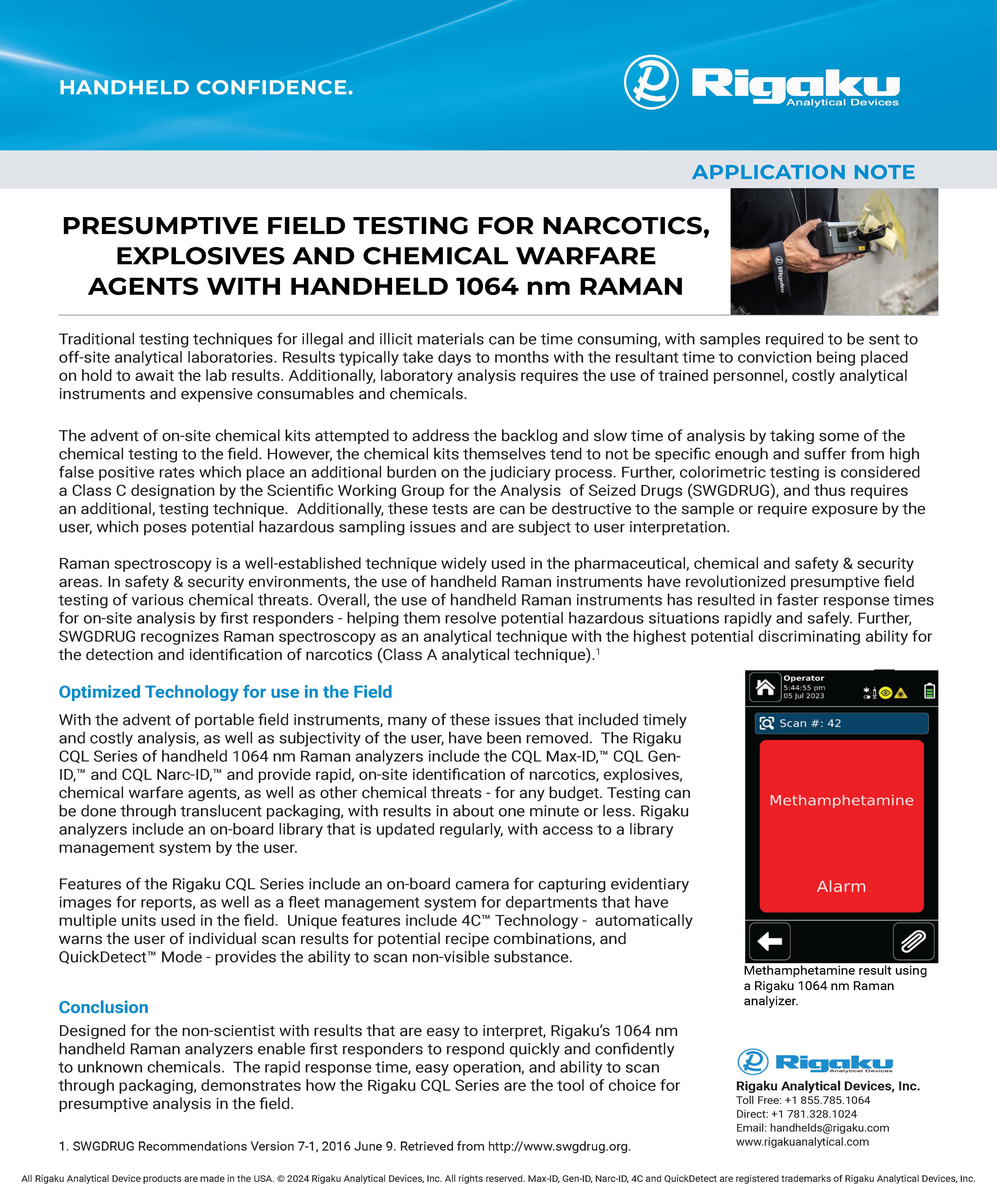 Presumptive Field Testing for Narcotics, Explosives and Chemical Warfare Agents with Handheld 1064 nm Raman